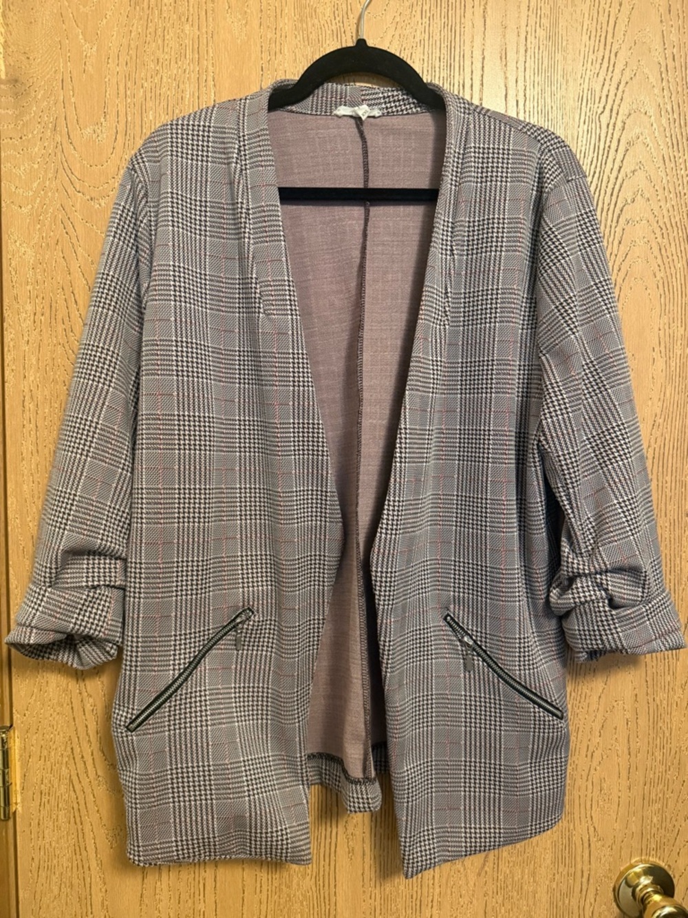 Maurices Plaid Open-Front Blazer in Gray with Subtle Pink Accents